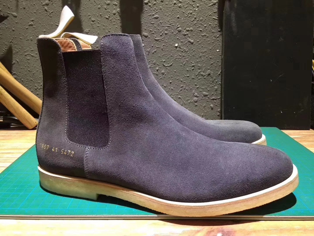 Common Projects Chelsea Boot in Dark Grey Suede, 1897-5472: dark grey suede chelsea boot pair