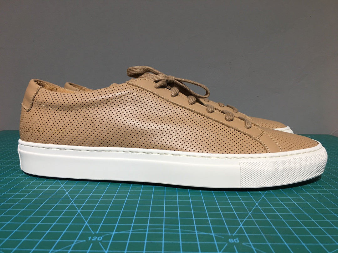Common Projects Tan Low-Tops: Two Finishes, Archive Set 0786: perforated leather low-top profile