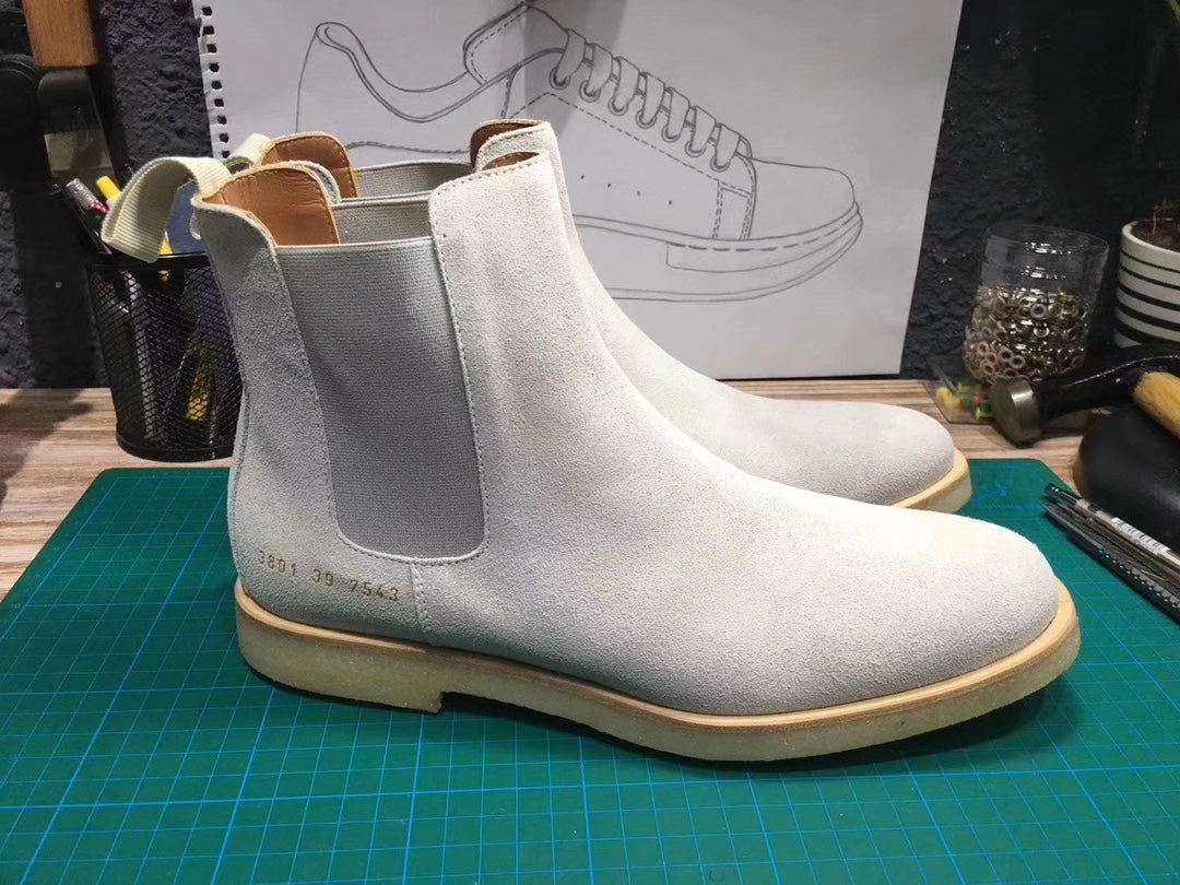 Common Projects Women's Chelsea Boot in Light Grey Suede, Archive Set 0898: light grey chelsea boot pair