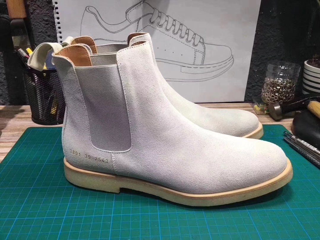 Common Projects Women's Chelsea Boot in Light Grey Suede, Archive Set 1047: light grey chelsea boot pair